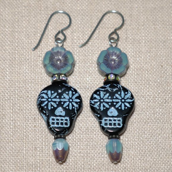 Hand Crafted Handmade Earrings Blue & Black Sugar Skull Calavera Long Ea… - Picture 1 of 5